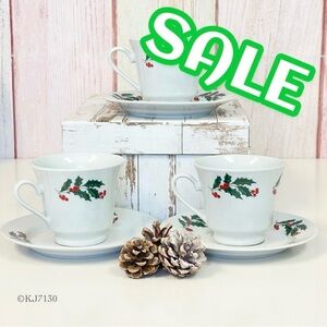 Vintage Alco Holly and Berries Porcelain Christmas Cups & Saucers Set of 3